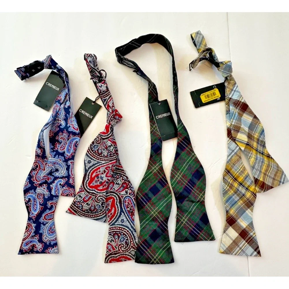 Cremieux Bow Tie Plaid Paisley Red Blue Green Brown 100% Silk Cotton Set 4 NEW